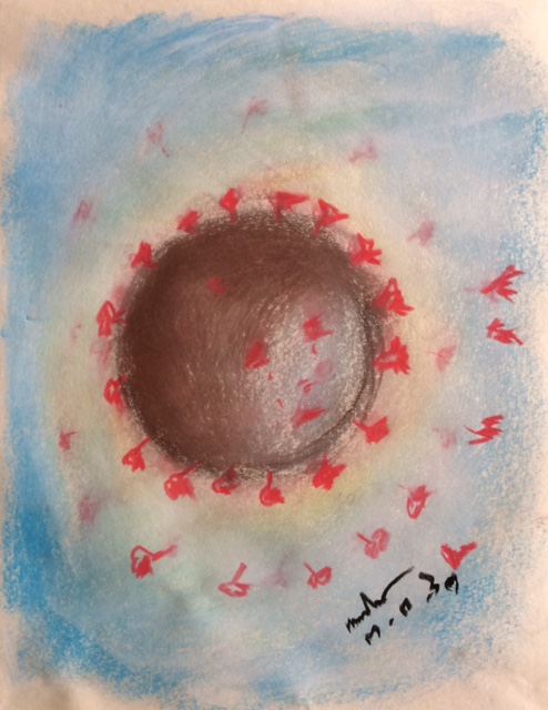 ภาพวาด "ไวรัส โควิด ๑๙ " ภาพประกอบสีฝุ่น โดย หมอนไม้