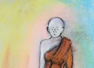 เดินจงกรม ภาพวาดสีฝุ่น โดย หมอนไม้