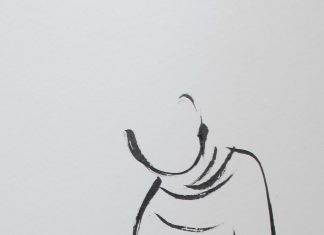 "บิณฑบาต" ภาพวาดลายเส้นพู่กันจีน โดย มนสิกุล