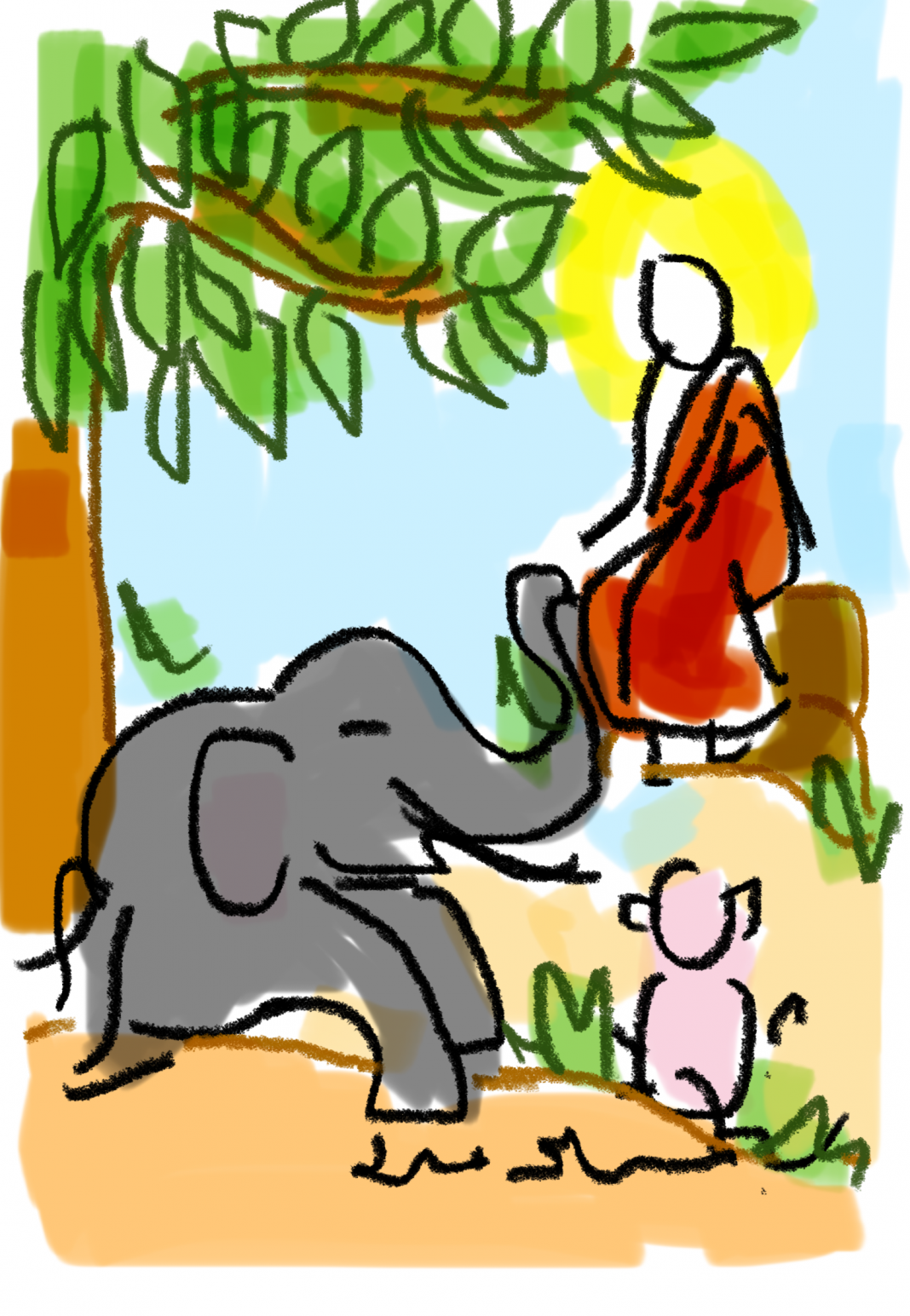ภาพวาดพระพุทธเจ้าอยู่ในป่าปาริไลยกะ กับช้างและลิง ภาพวาด โดย มนสิกุล