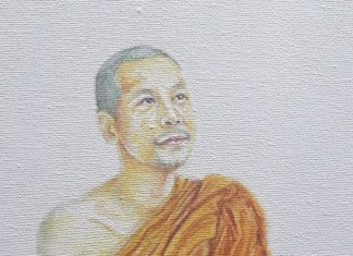 ภาพวาดพระครูประโชติรัตนานุรักษ์ บนผืนผ้าใบ โดย ศิลปินจากเพาะช่าง ผู้อุทิศตนเพื่อพระพุทธศาสนา